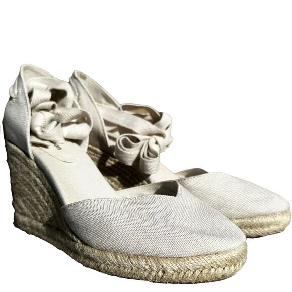 Reformation Camilla Lace Up Wedge Espadrille Sandals Linen Closed Toe Cream 7M - Picture 1 of 6
